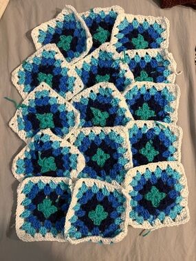 15 Handmade Crocheted Blue Granny Squares - White Trim